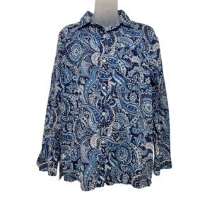 Lauren Ralph Lauren Blue Paisley Swirls Cotton Button-Down Top